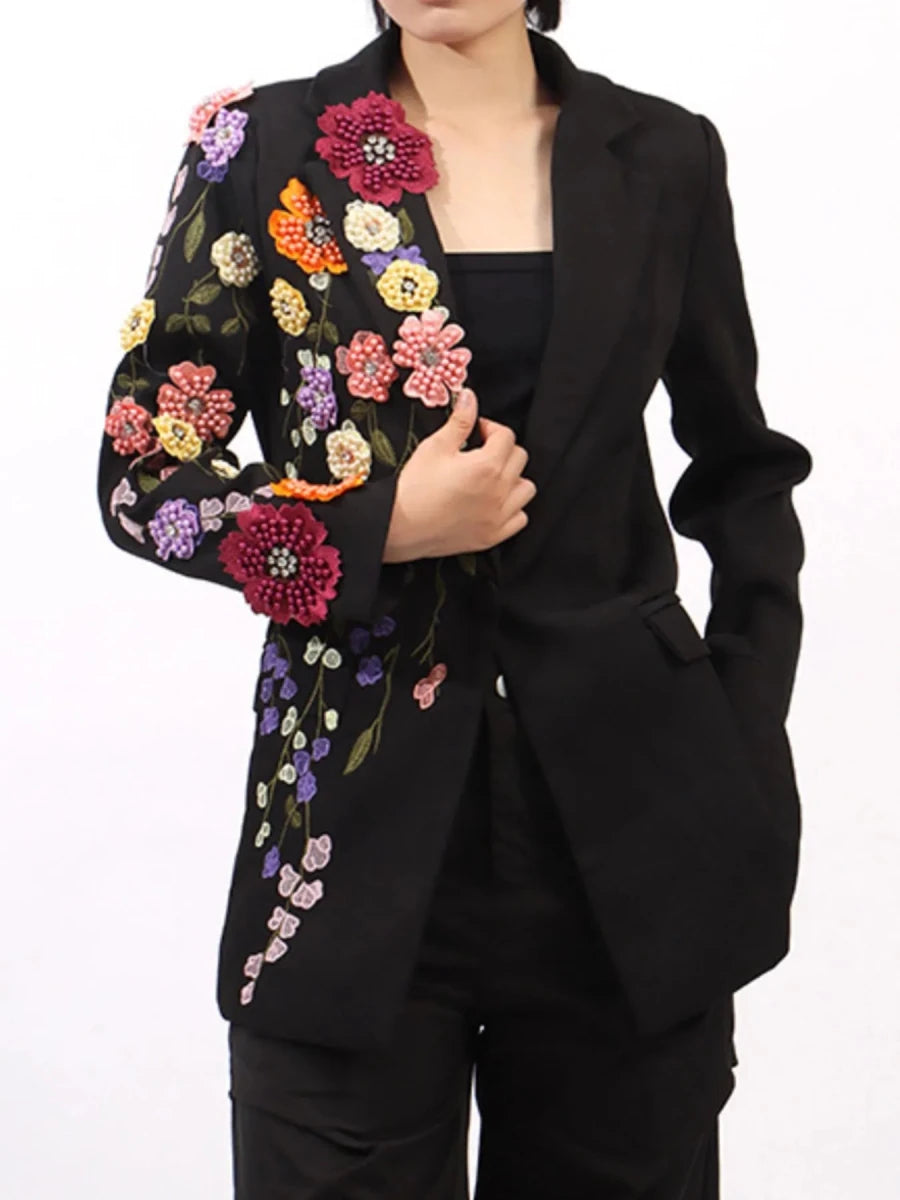 Pearl Detail Blazer with Flower Lapel - 