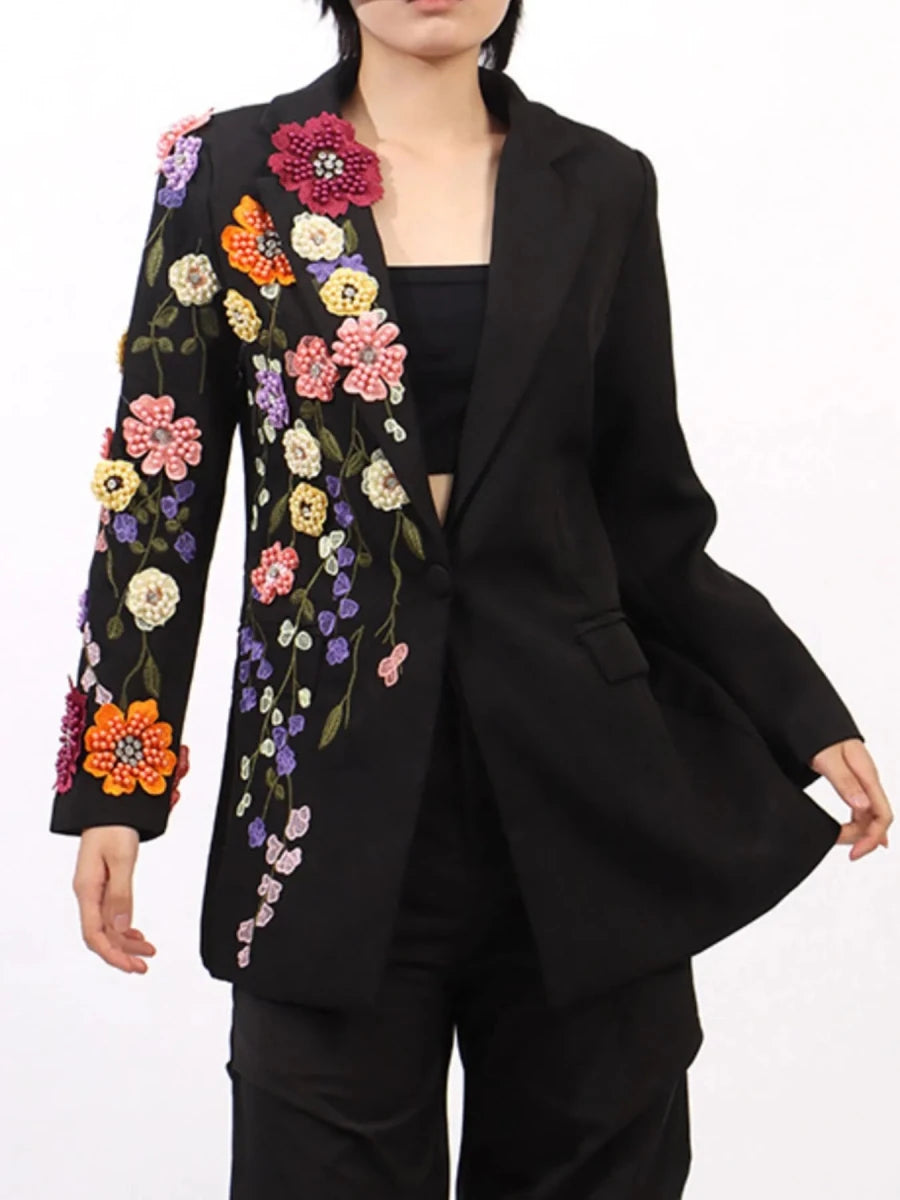 Pearl Detail Blazer with Flower Lapel - 