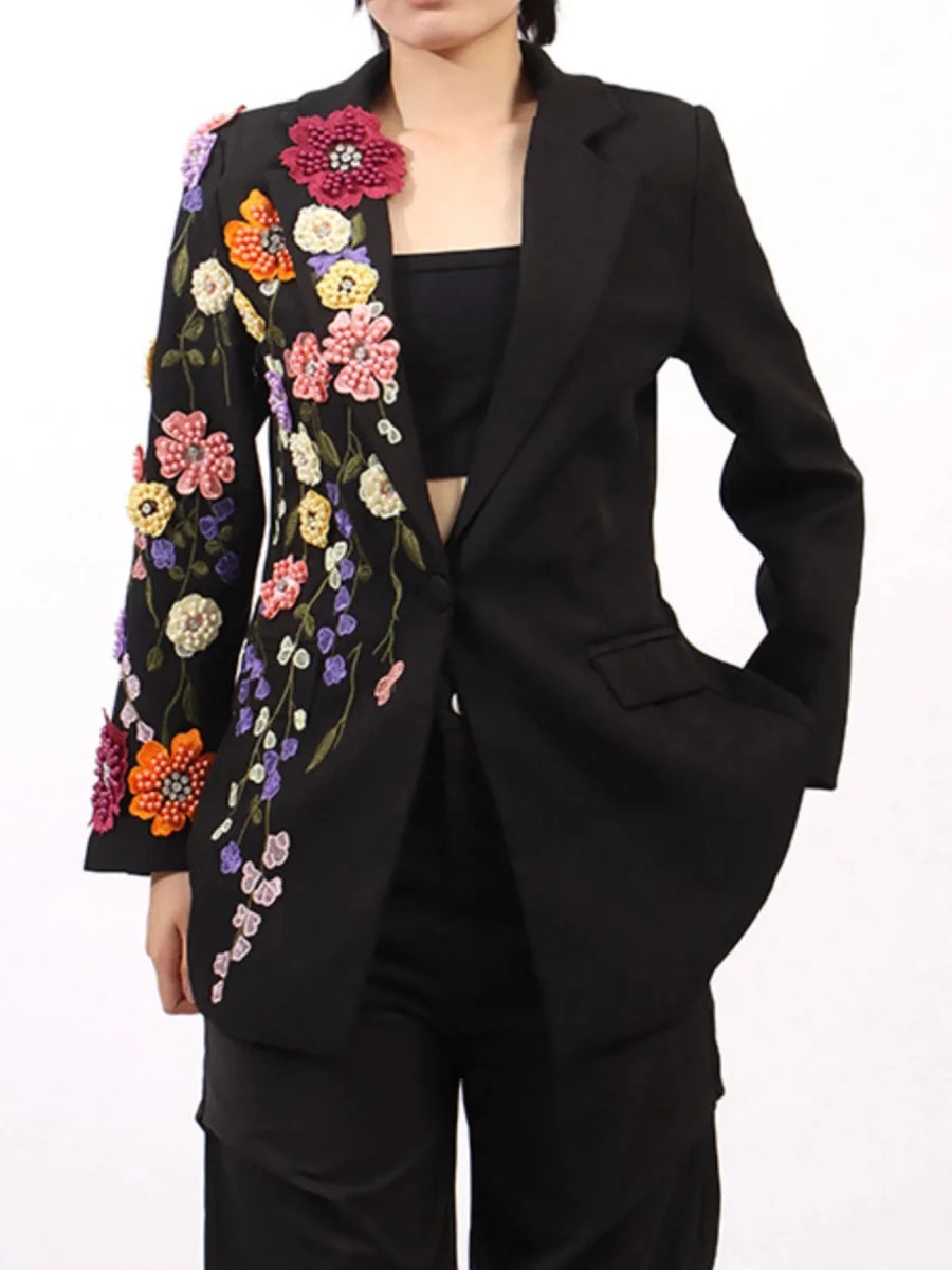 Pearl Detail Blazer with Flower Lapel - 