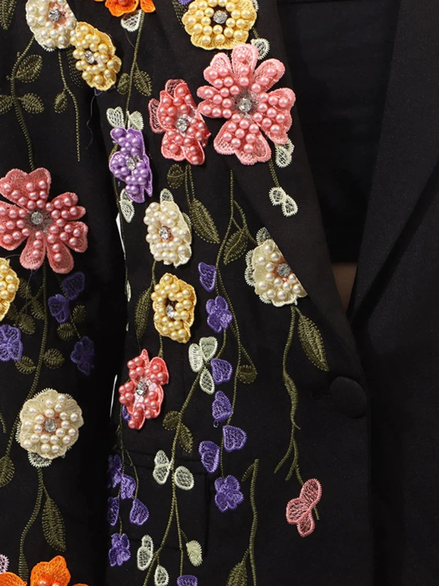 Pearl Detail Blazer with Flower Lapel - 