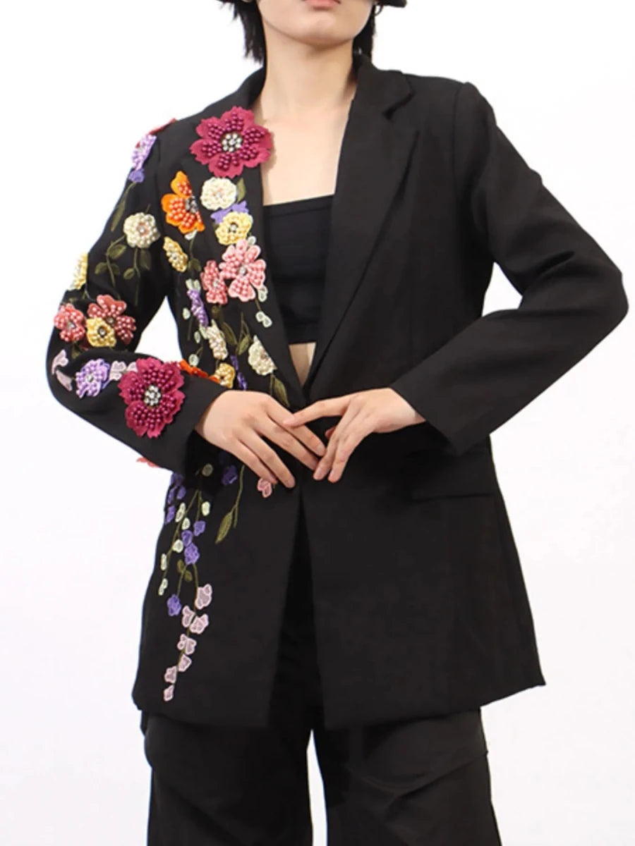 Pearl Detail Blazer with Flower Lapel - 