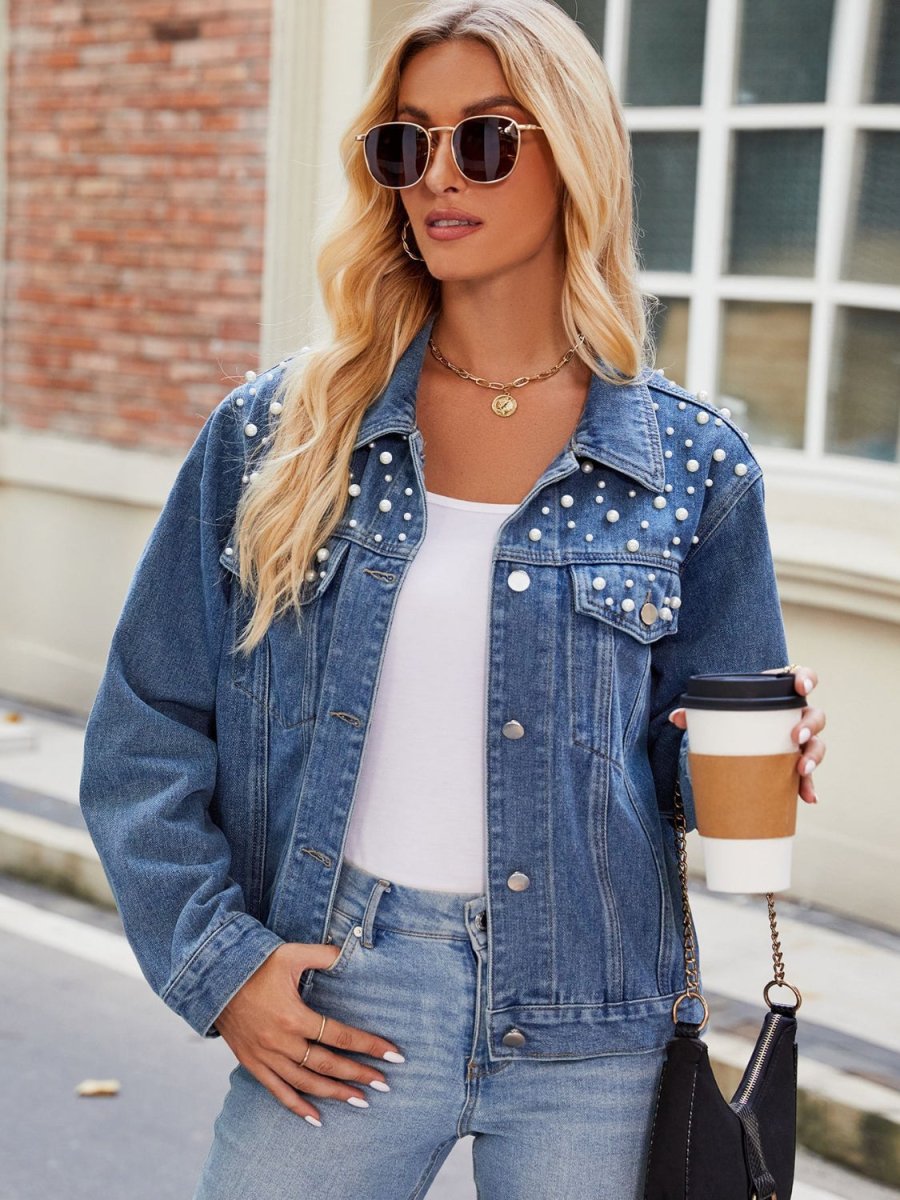 Pearl Detail Collared Neck Long Sleeve Denim Jacket - Outerwear
