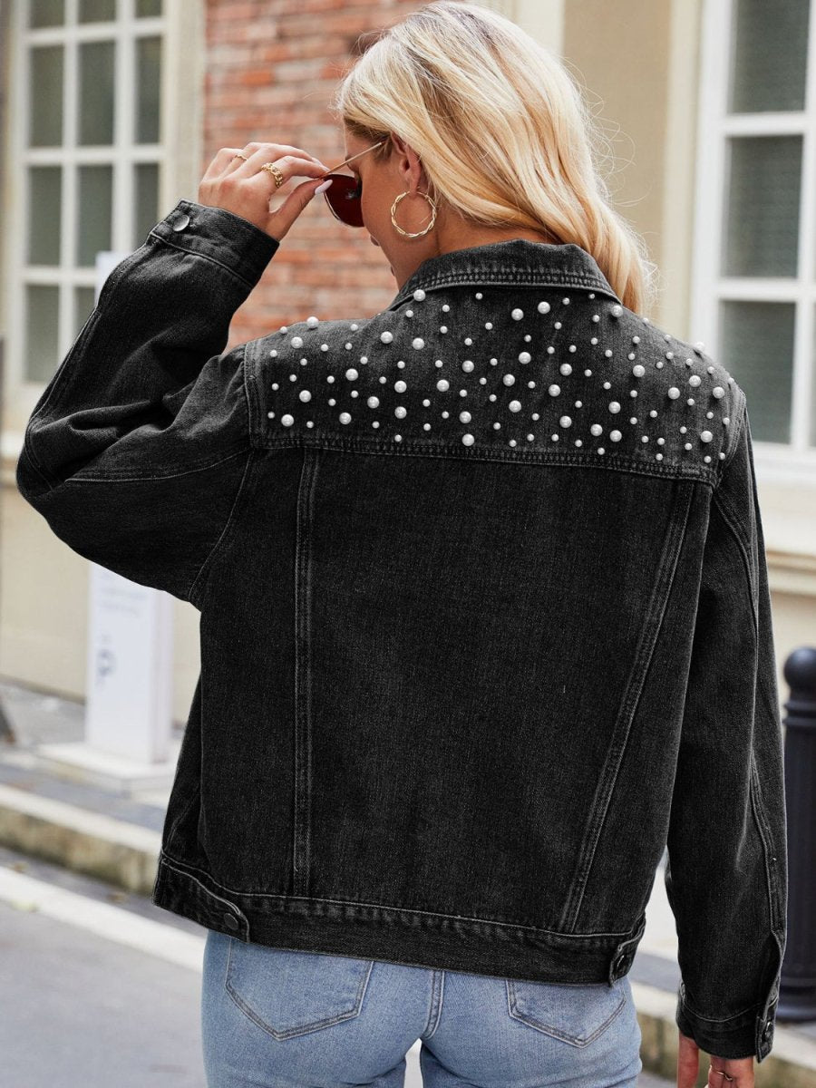 Pearl Detail Collared Neck Long Sleeve Denim Jacket - Outerwear