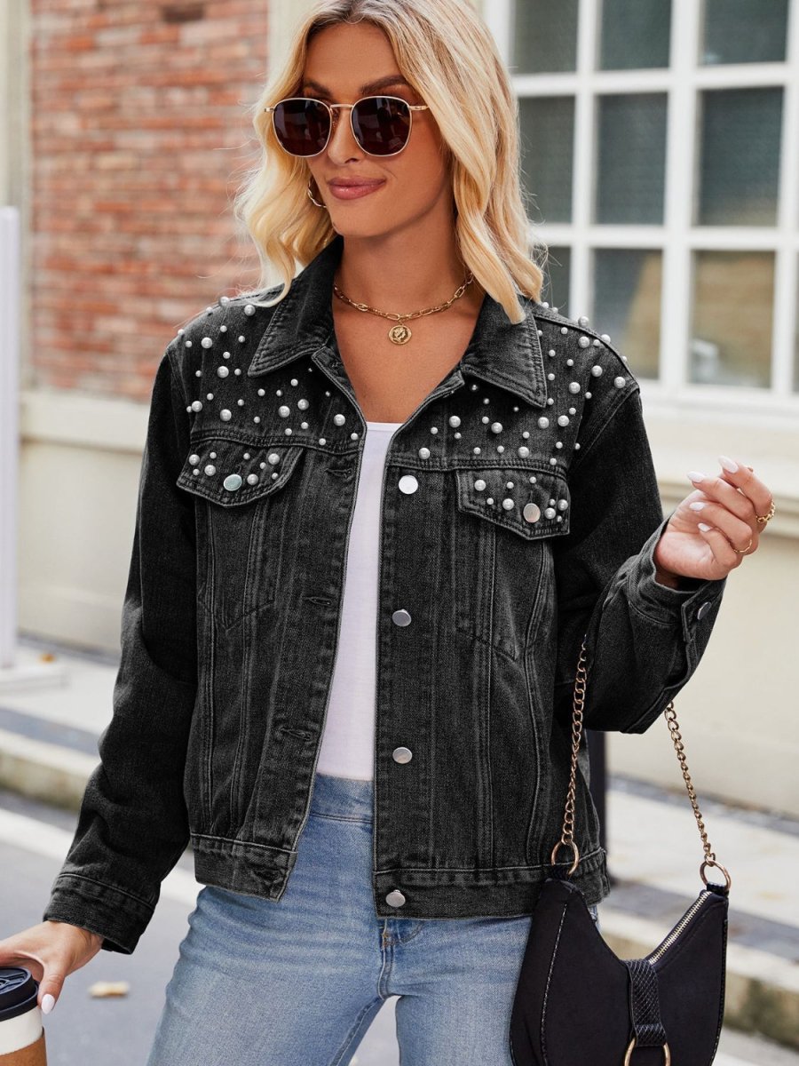 Pearl Detail Collared Neck Long Sleeve Denim Jacket - Outerwear