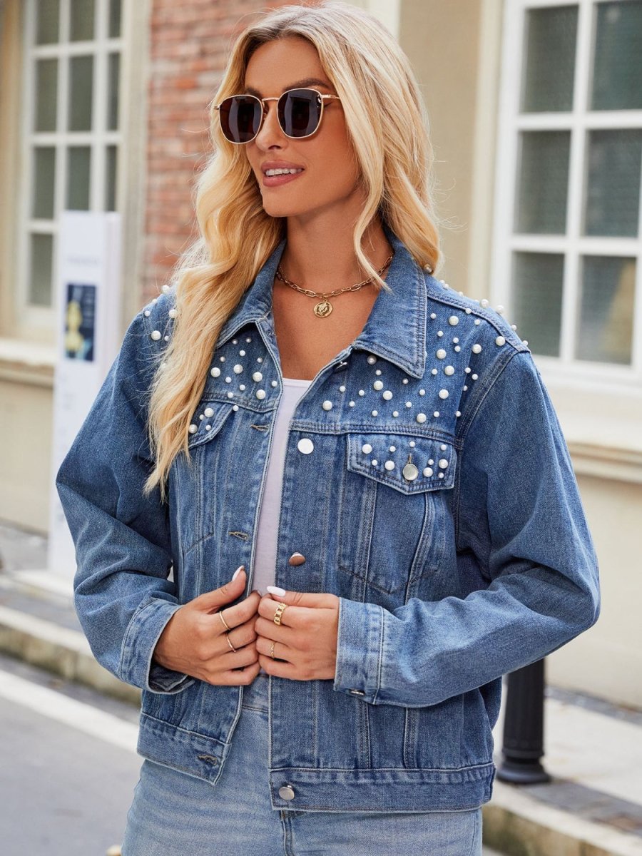 Pearl Detail Collared Neck Long Sleeve Denim Jacket - Outerwear