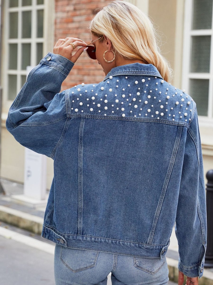 Pearl Detail Collared Neck Long Sleeve Denim Jacket - Outerwear