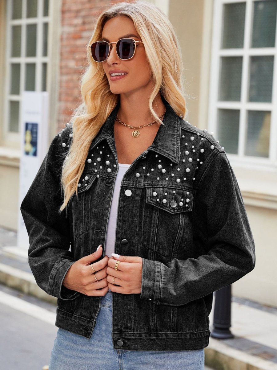 Pearl Detail Collared Neck Long Sleeve Denim Jacket - Outerwear