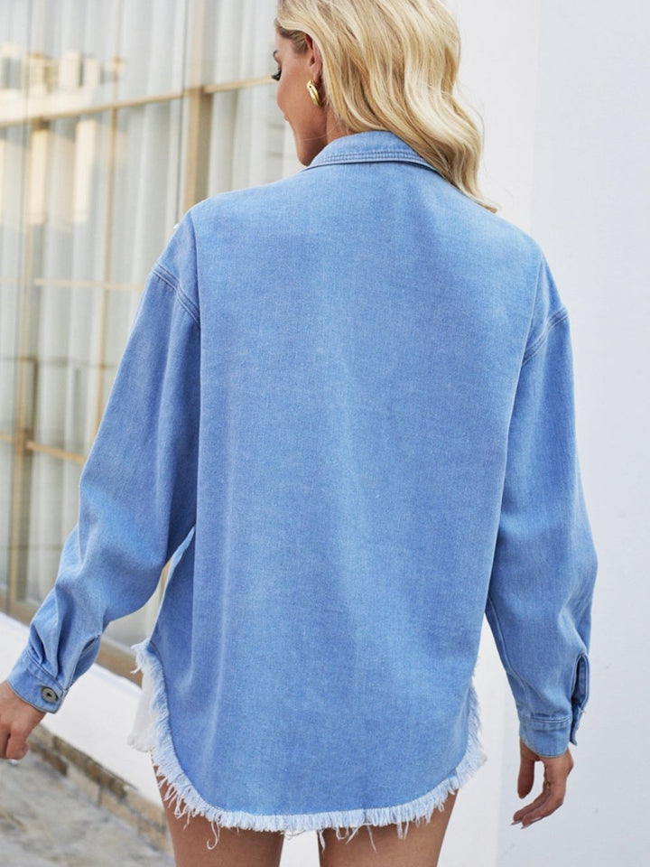 Pearl Detail Pocketed Button Up Denim Jacket - Outerwear