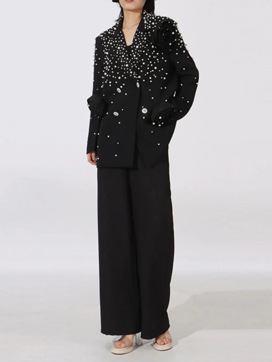 Pearl Embellished Double - Breasted Blazer - 