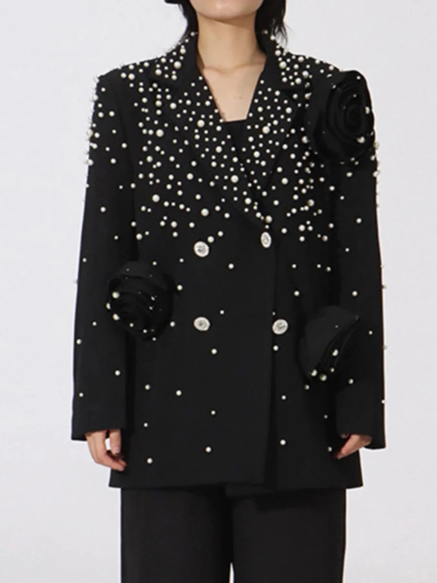 Pearl Embellished Double - Breasted Blazer - 