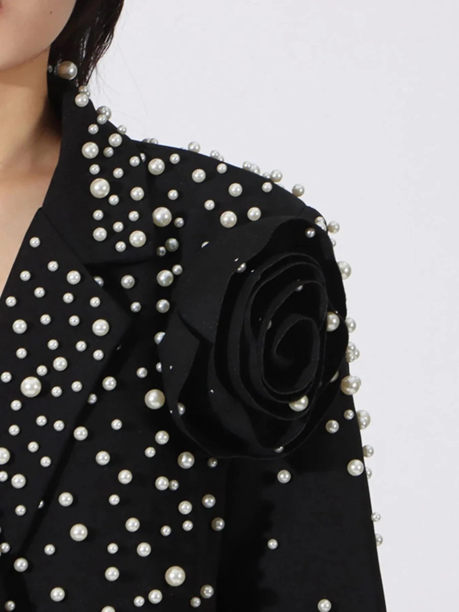 Pearl Embellished Double - Breasted Blazer - 