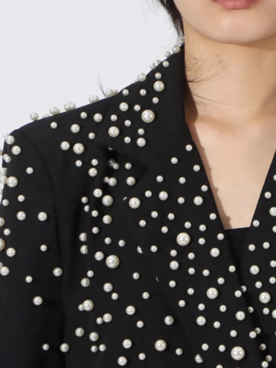 Pearl Embellished Double - Breasted Blazer - 