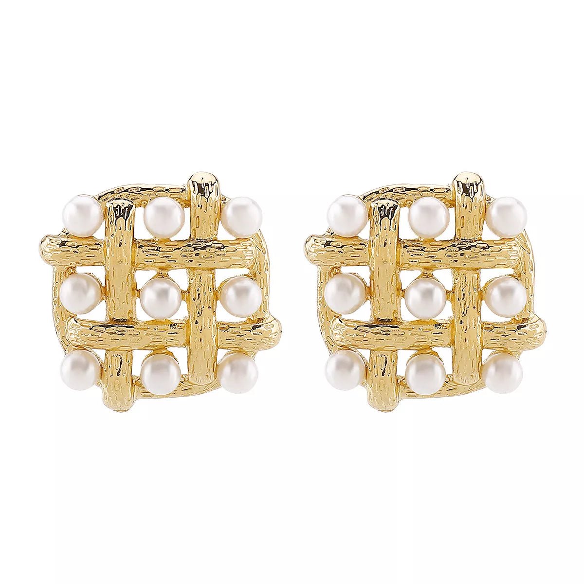 Pearl Grid Square Stud Earrings - 