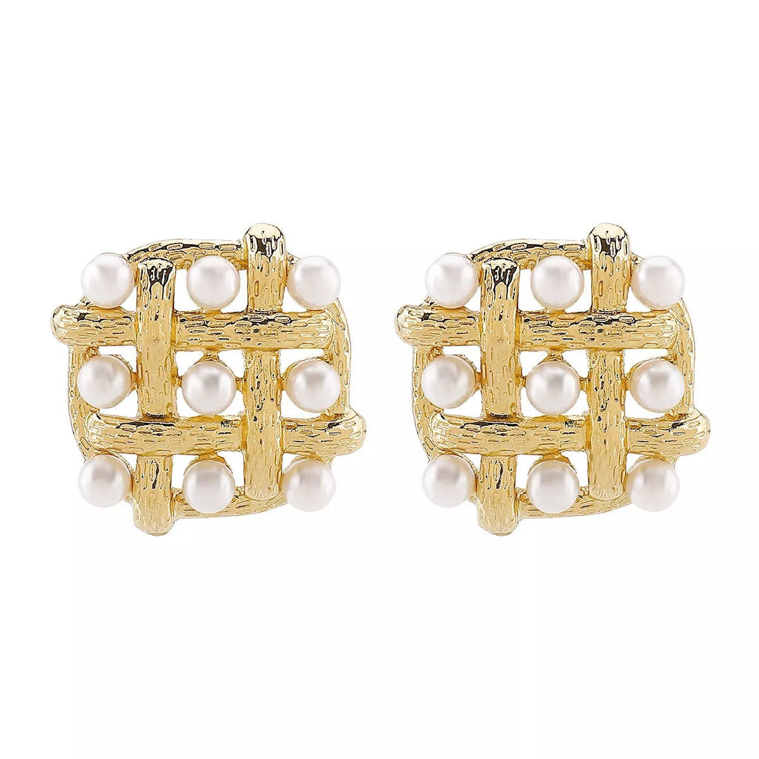 Pearl Grid Square Stud Earrings - 