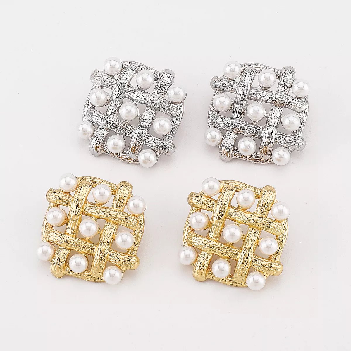 Pearl Grid Square Stud Earrings - 