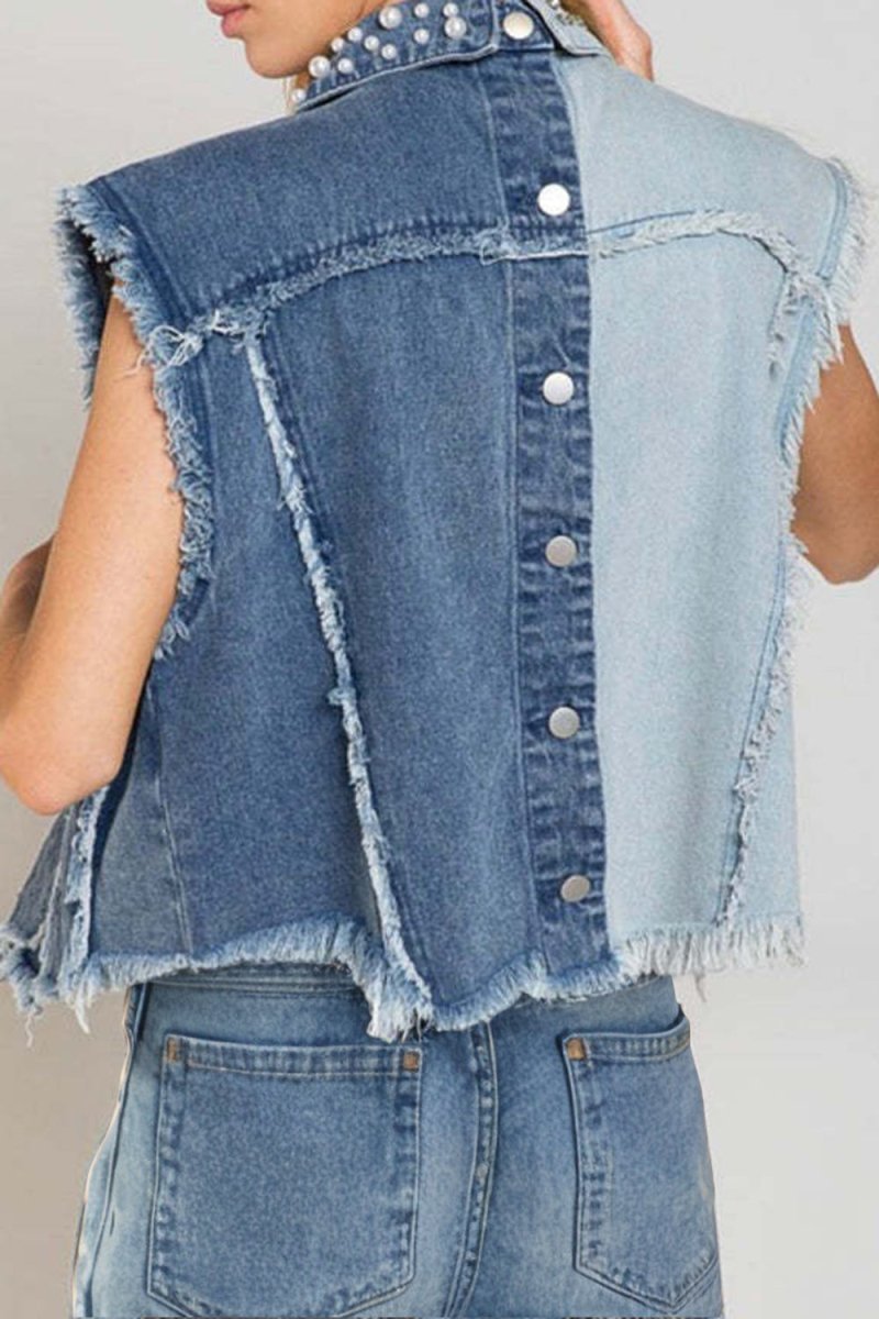 Pearl Raw Hem Sleeveless Denim Jacket - Outerwear
