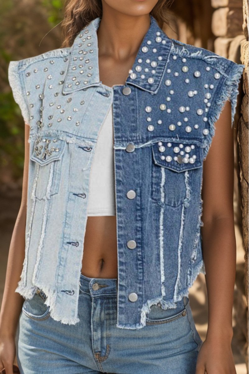 Pearl Raw Hem Sleeveless Denim Jacket - Outerwear