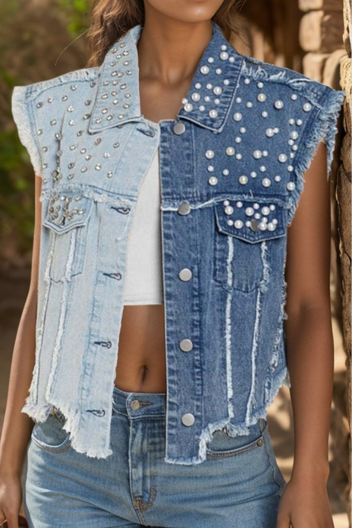 Pearl Raw Hem Sleeveless Denim Jacket - Outerwear