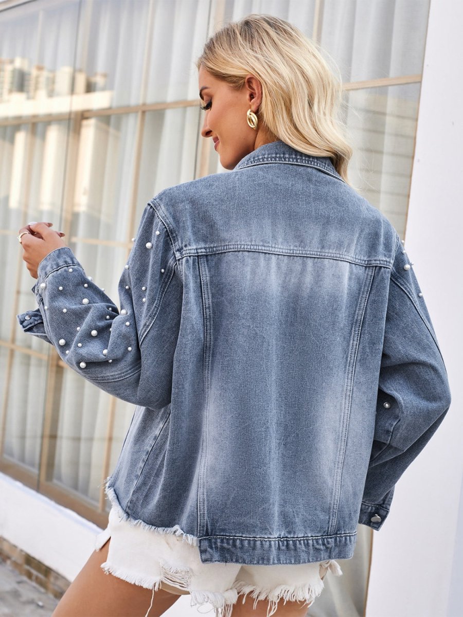 Pearl Trim Raw Hem Denim Jacket - Outerwear