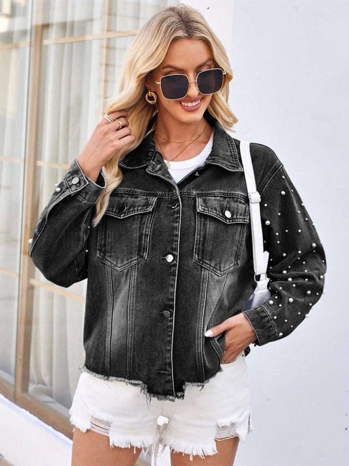 Pearl Trim Raw Hem Denim Jacket - Outerwear