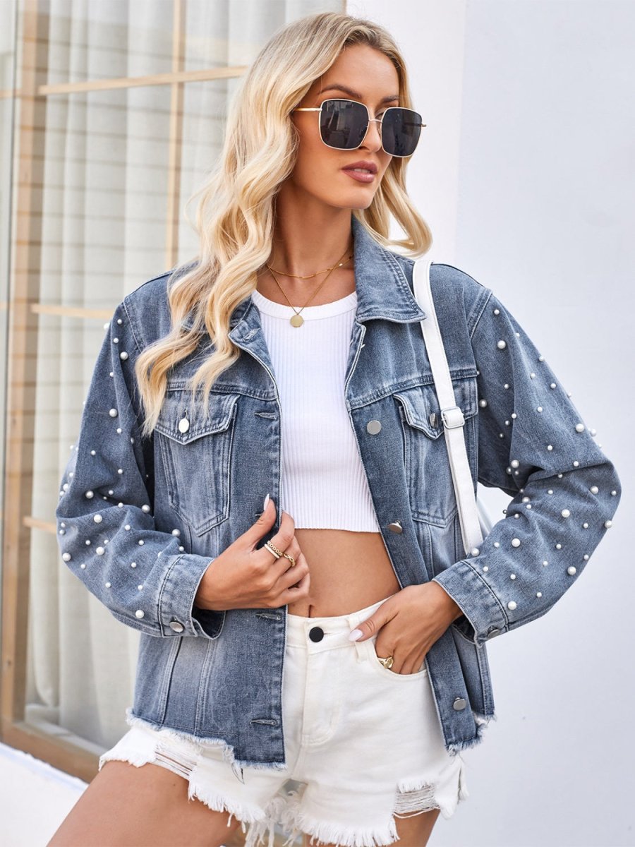 Pearl Trim Raw Hem Denim Jacket - Outerwear