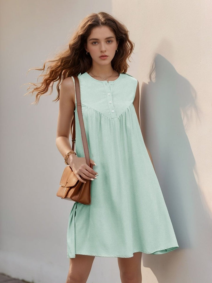 Perfee Button Detail Round Neck Sleeveless Mini Dress - New Arrivals