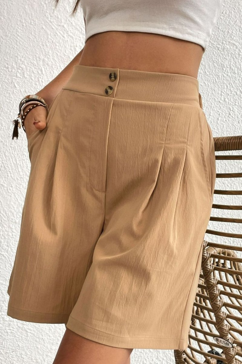 Perfee Buttoned Elastic Waist Pleated Detail Shorts - Bottoms