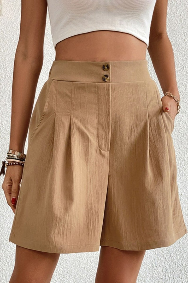 Perfee Buttoned Elastic Waist Pleated Detail Shorts - Bottoms