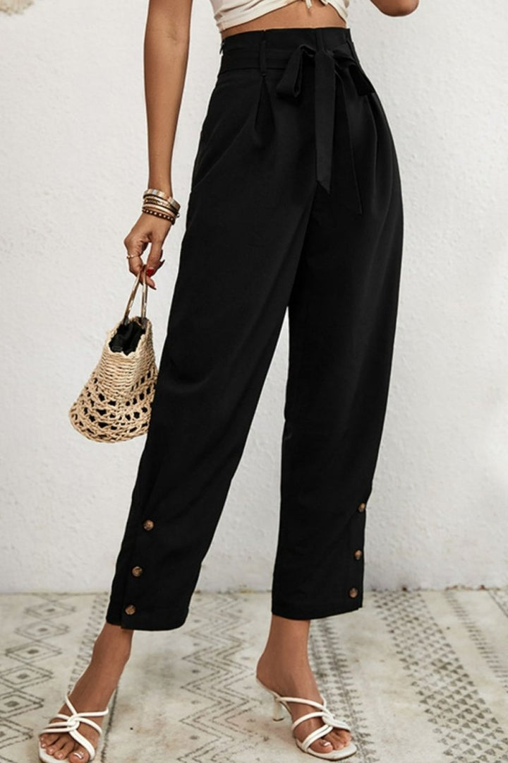 Perfee Buttoned Tie - Waist Cropped Pants - Bottoms