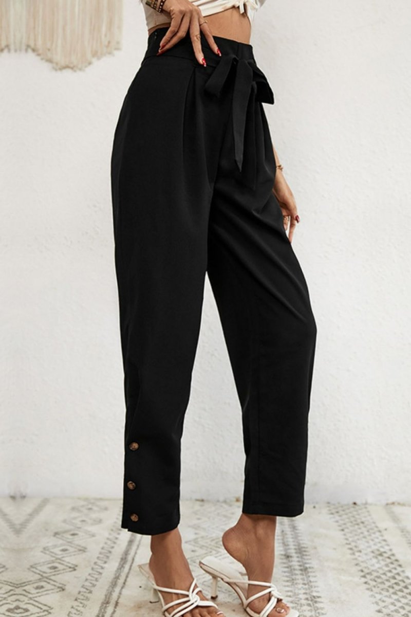 Perfee Buttoned Tie - Waist Cropped Pants - Bottoms