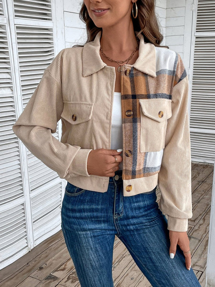 Perfee Color Block Collared Neck Button - Up Jacket - Outerwear
