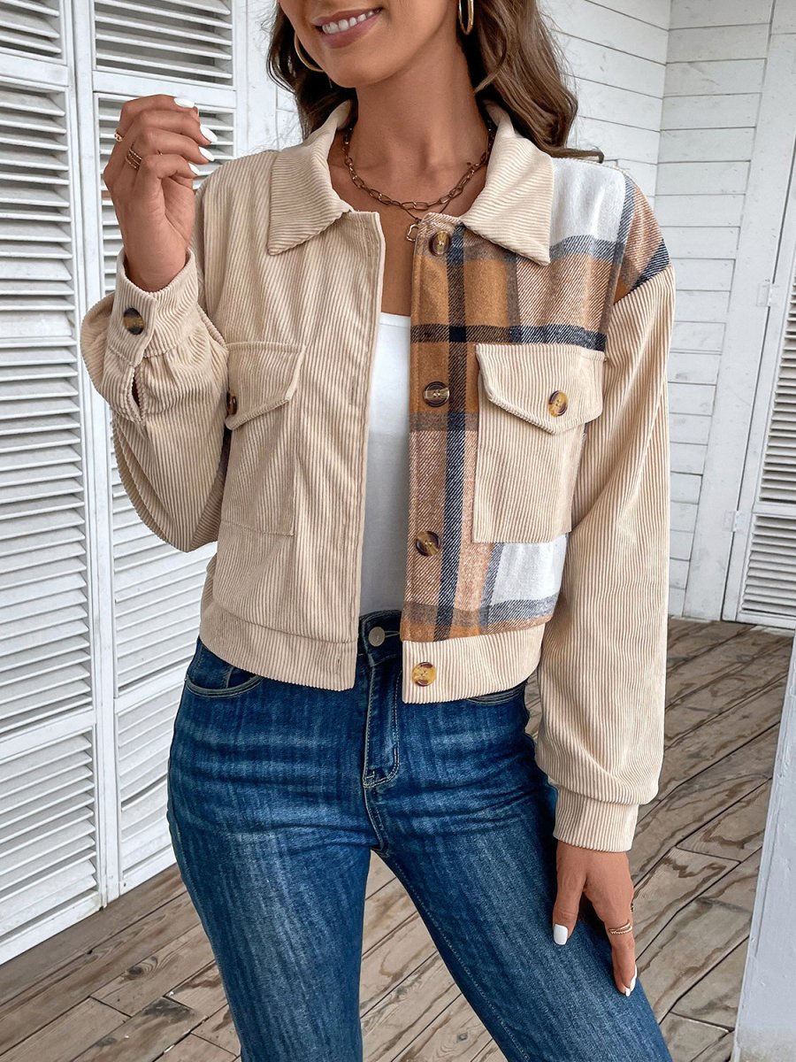 Perfee Color Block Collared Neck Button - Up Jacket - Outerwear