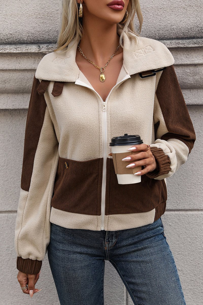 Perfee Color Block Zip Up Pocketed Jacket - Outerwear