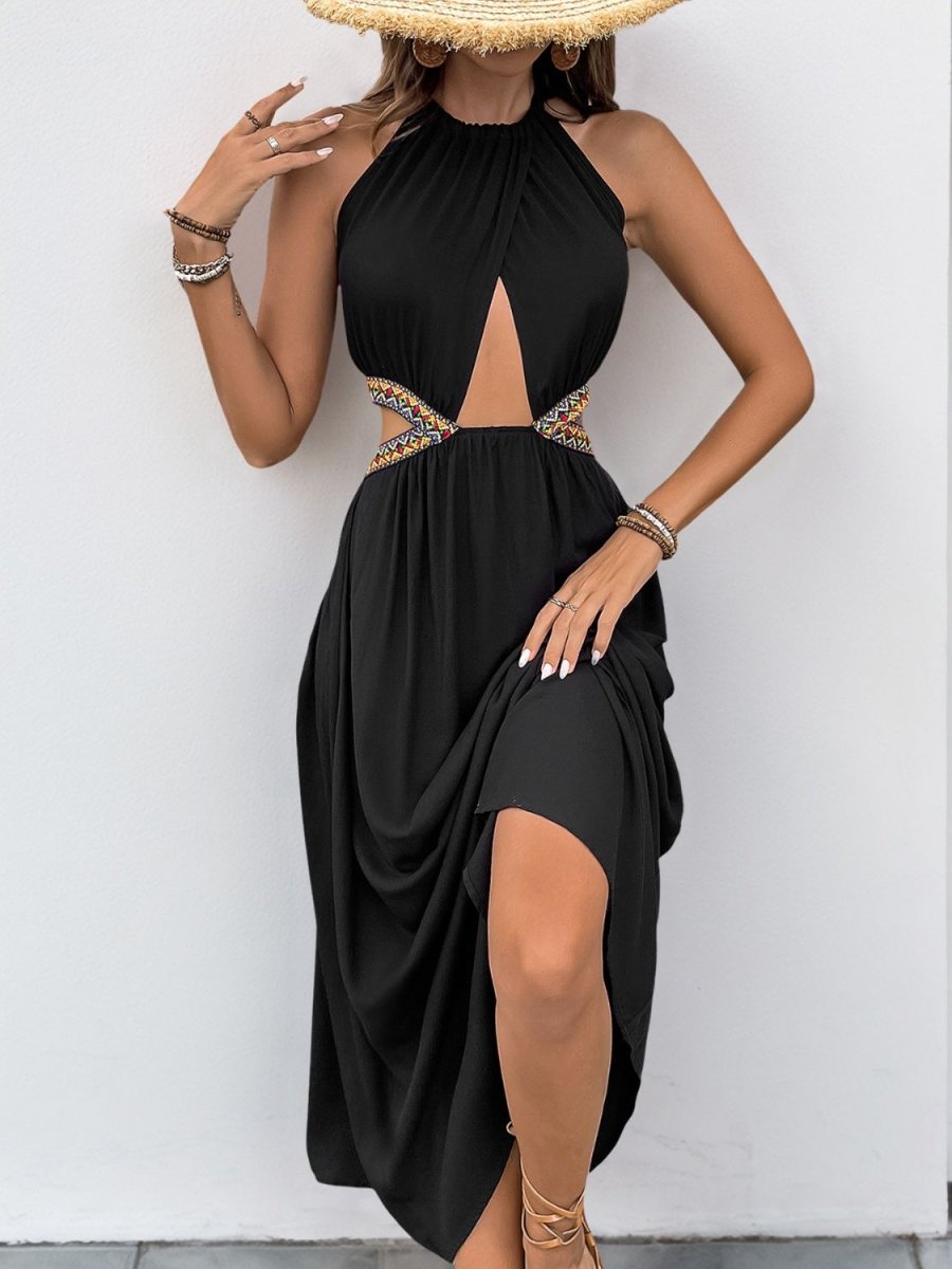 grecian backless dress Breeze & White Halter Neck Maxi Dress | Backless Tiered Grecian Gown for Summer Vacation, Beach & Bridal Events