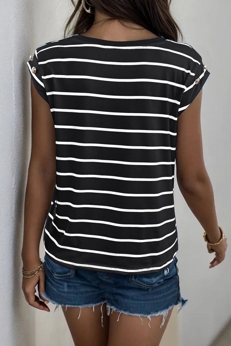Perfee Decorative Button Round Neck T-Shirt - Top