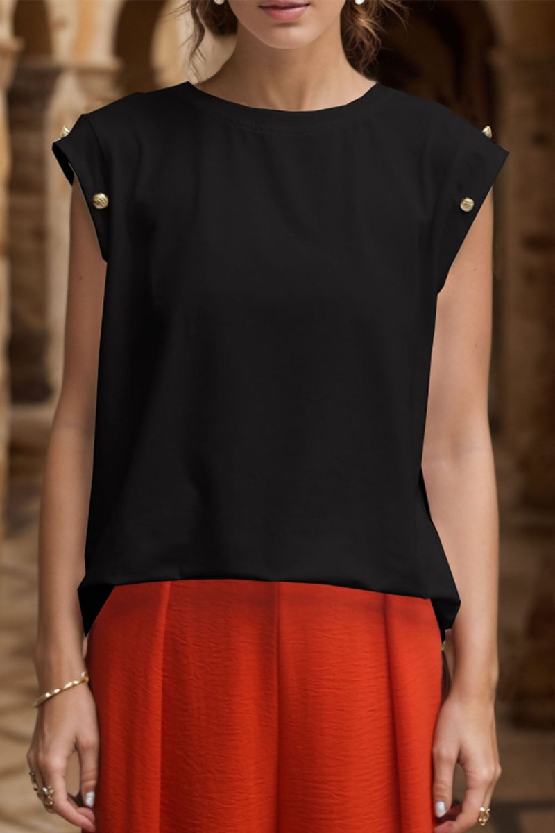 Perfee Decorative Button Round Neck T-Shirt - Top