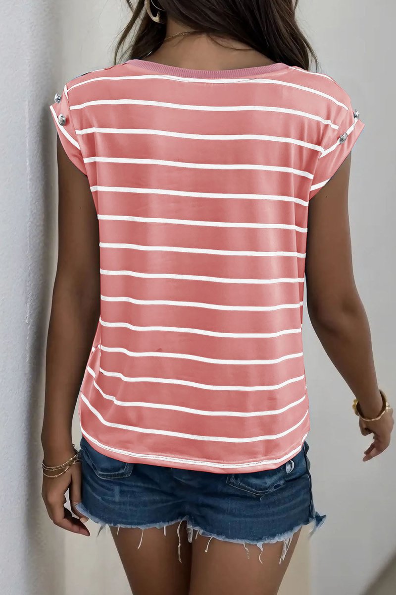 Perfee Decorative Button Round Neck T-Shirt - Top