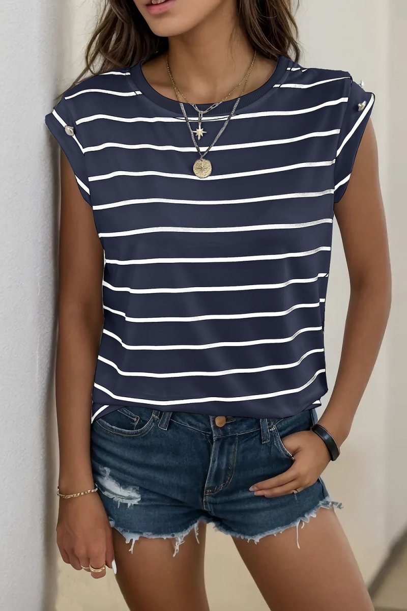 Perfee Decorative Button Round Neck T-Shirt - Top