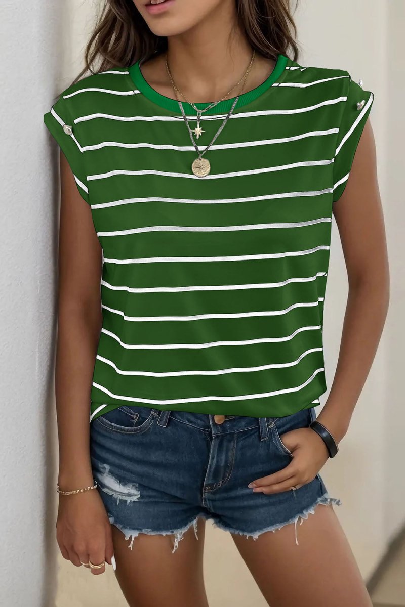 Perfee Decorative Button Round Neck T-Shirt - Top