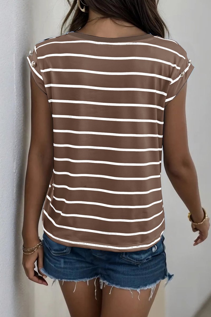 Perfee Decorative Button Round Neck T-Shirt - Top