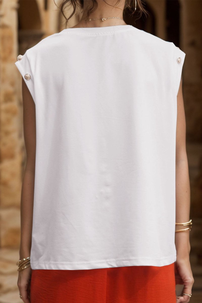 Perfee Decorative Button Round Neck T-Shirt - Top