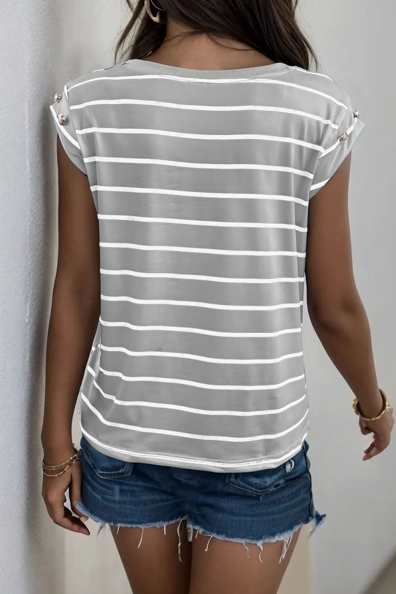 Perfee Decorative Button Round Neck T-Shirt - Top