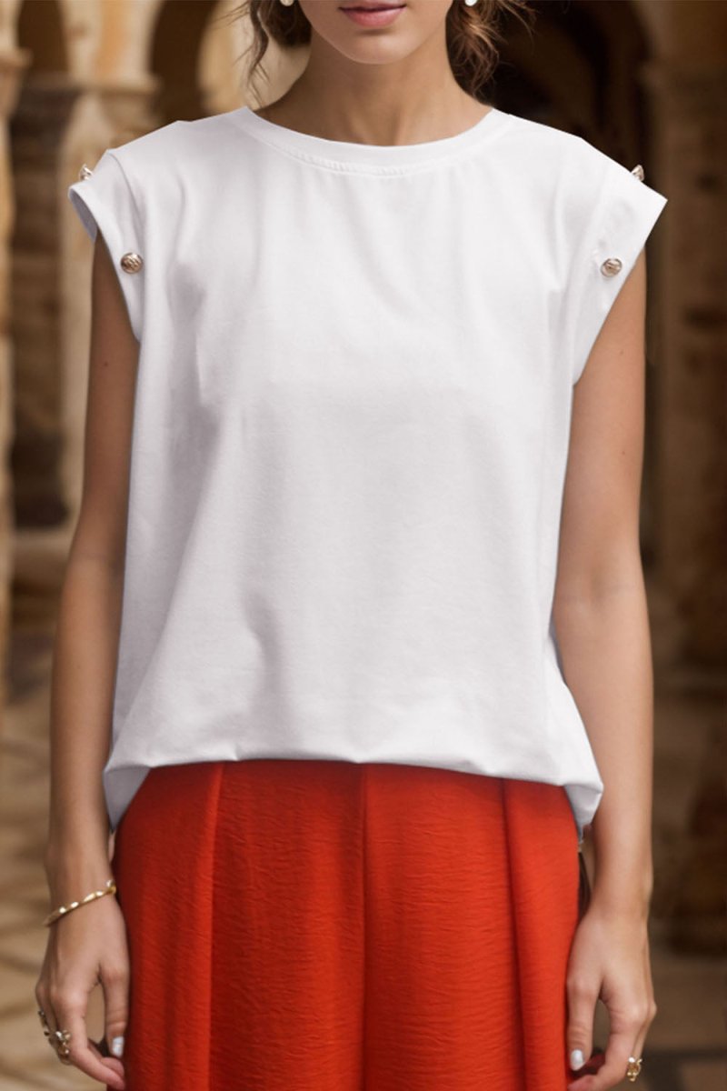 Perfee Decorative Button Round Neck T-Shirt - Top