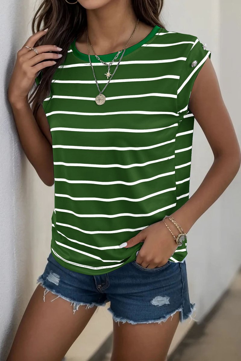 Perfee Decorative Button Round Neck T-Shirt - Top