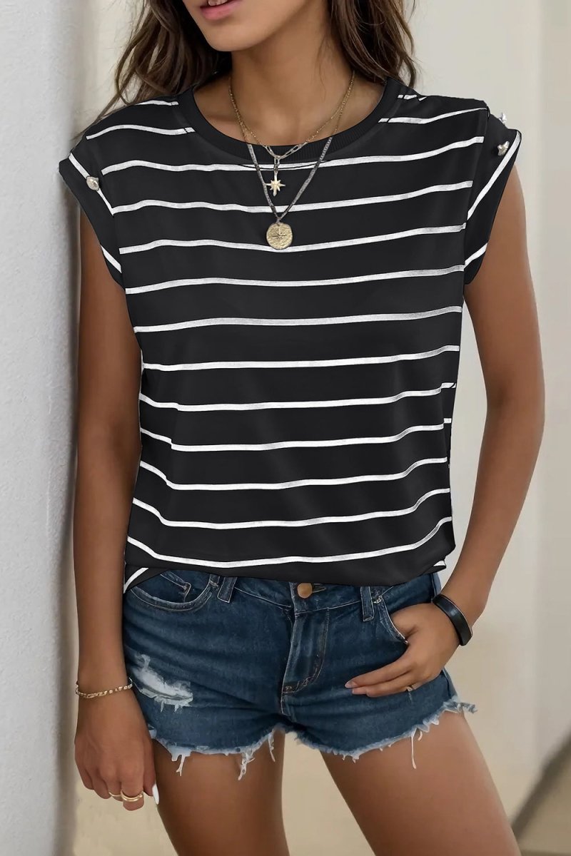Perfee Decorative Button Round Neck T-Shirt - Top