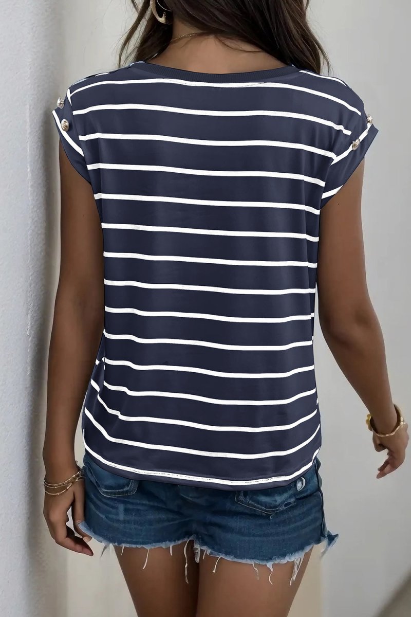 Perfee Decorative Button Round Neck T-Shirt - Top