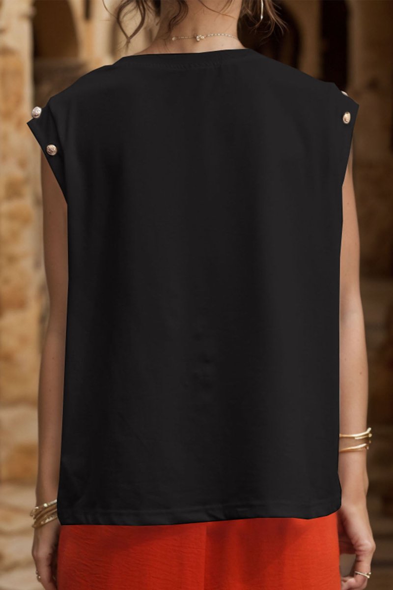 Perfee Decorative Button Round Neck T-Shirt - Top