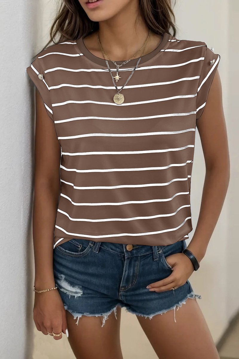 Perfee Decorative Button Round Neck T-Shirt - Top