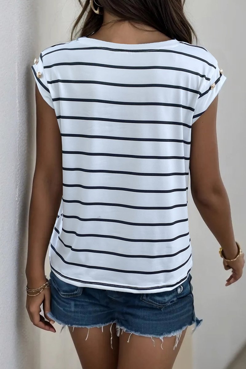 Perfee Decorative Button Round Neck T-Shirt - Top