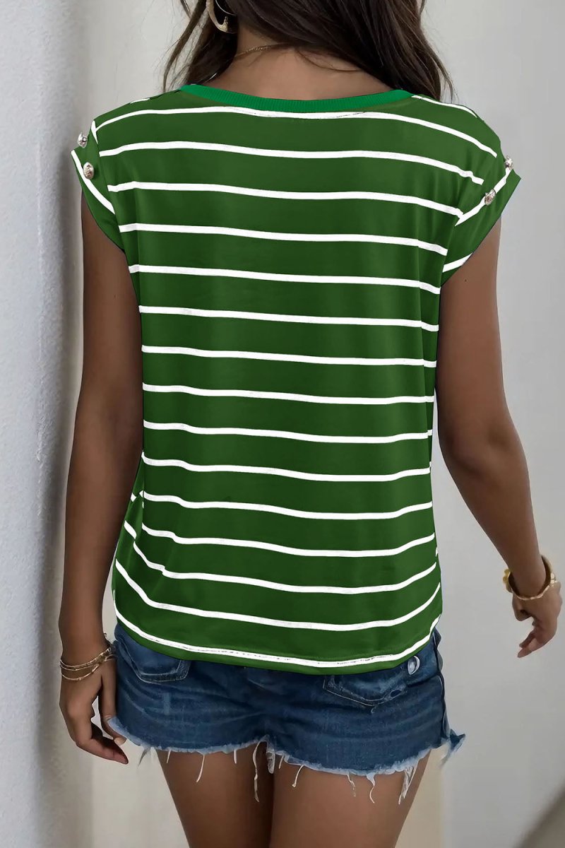 Perfee Decorative Button Round Neck T-Shirt - Top